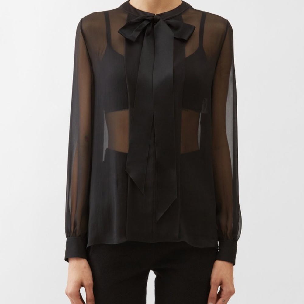 Black Sheer Top with Tie Size Small